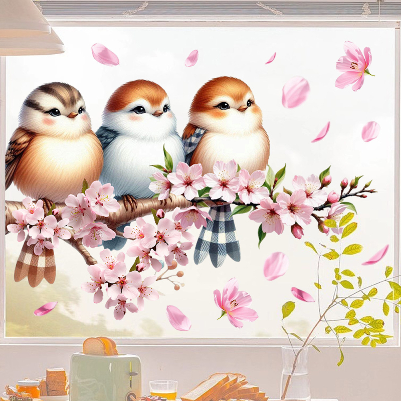 Aike Γυάλινο Αυτοκόλλητο Διακόσμησης - Κλαδί με Ροδακινιά και Σπουργίτη, Ηλεκτροστατική Πρόσκολληση, PVC, Μοντέρνο Minimal, 1 τεμάχιο, Σαλόνι και Υπνοδωμάτιο