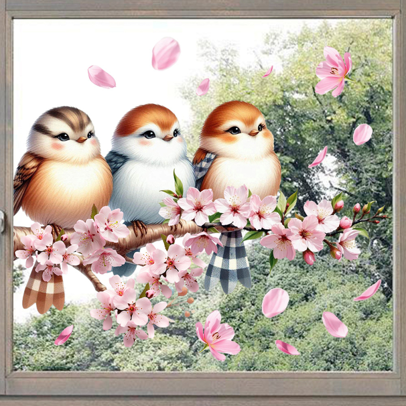 Aike Γυάλινο Αυτοκόλλητο Διακόσμησης - Κλαδί με Ροδακινιά και Σπουργίτη, Ηλεκτροστατική Πρόσκολληση, PVC, Μοντέρνο Minimal, 1 τεμάχιο, Σαλόνι και Υπνοδωμάτιο