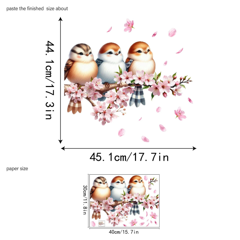 Aike Γυάλινο Αυτοκόλλητο Διακόσμησης - Κλαδί με Ροδακινιά και Σπουργίτη, Ηλεκτροστατική Πρόσκολληση, PVC, Μοντέρνο Minimal, 1 τεμάχιο, Σαλόνι και Υπνοδωμάτιο