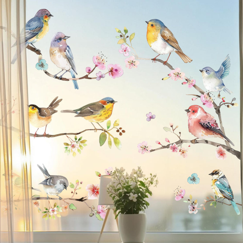 Aike JD3616 PVC ηλεκτροστατικό διπλής όψεως αυτοκόλλητο παραθύρου με σχέδιο λουλουδιών, κλαδιών και πουλιών