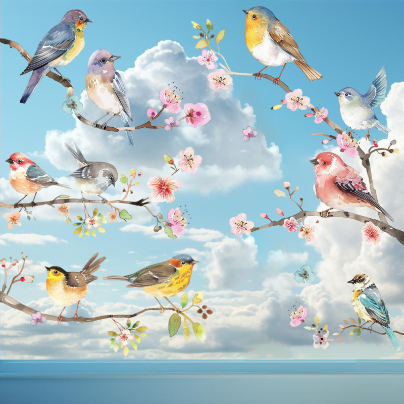 Aike JD3616 PVC ηλεκτροστατικό διπλής όψεως αυτοκόλλητο παραθύρου με σχέδιο λουλουδιών, κλαδιών και πουλιών