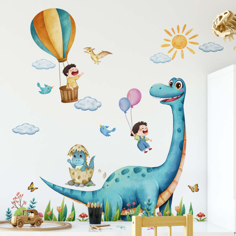 Zidna naljepnica: Dinozaur sa suncem i balonom na toplu zraka — PVC graffiti dekor za dnevni boravak, spavaću sobu, radnu sobu; uklonjiva, moderan stil