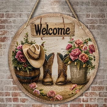 Κύκλικη ακρυλική πινακίδα καλωσορίσματος σε αγροτικό στυλ με γιρλάντα πεταλούδων, χαρακτική και εκτύπωση