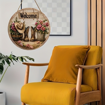 Κύκλικη ακρυλική πινακίδα καλωσορίσματος σε αγροτικό στυλ με γιρλάντα πεταλούδων, χαρακτική και εκτύπωση