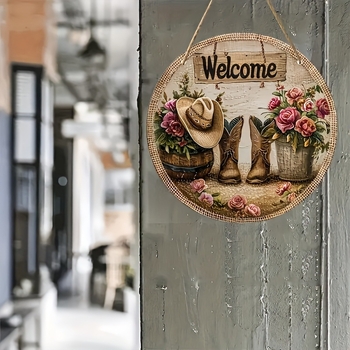 Κύκλικη ακρυλική πινακίδα καλωσορίσματος σε αγροτικό στυλ με γιρλάντα πεταλούδων, χαρακτική και εκτύπωση