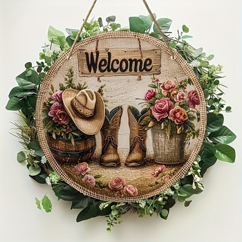 Κύκλικη ακρυλική πινακίδα καλωσορίσματος σε αγροτικό στυλ με γιρλάντα πεταλούδων, χαρακτική και εκτύπωση