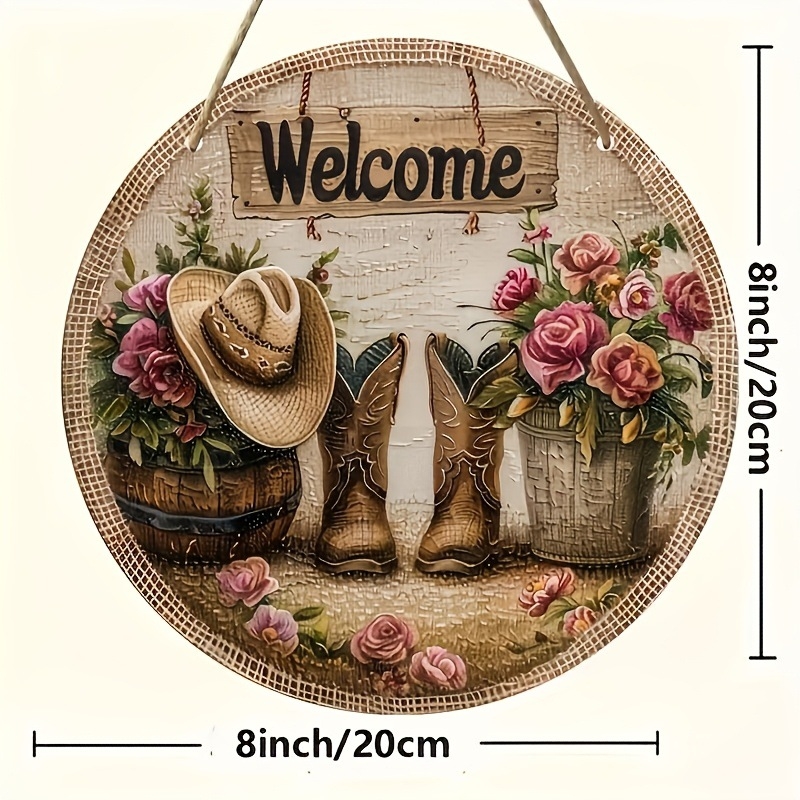 Κύκλικη ακρυλική πινακίδα καλωσορίσματος σε αγροτικό στυλ με γιρλάντα πεταλούδων, χαρακτική και εκτύπωση