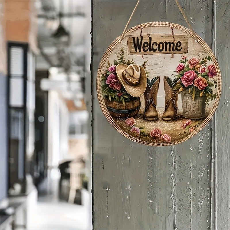 Κύκλικη ακρυλική πινακίδα καλωσορίσματος σε αγροτικό στυλ με γιρλάντα πεταλούδων, χαρακτική και εκτύπωση