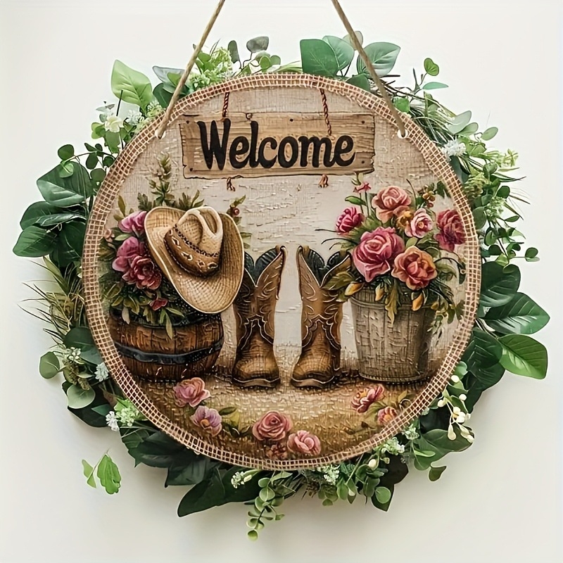 Κύκλικη ακρυλική πινακίδα καλωσορίσματος σε αγροτικό στυλ με γιρλάντα πεταλούδων, χαρακτική και εκτύπωση