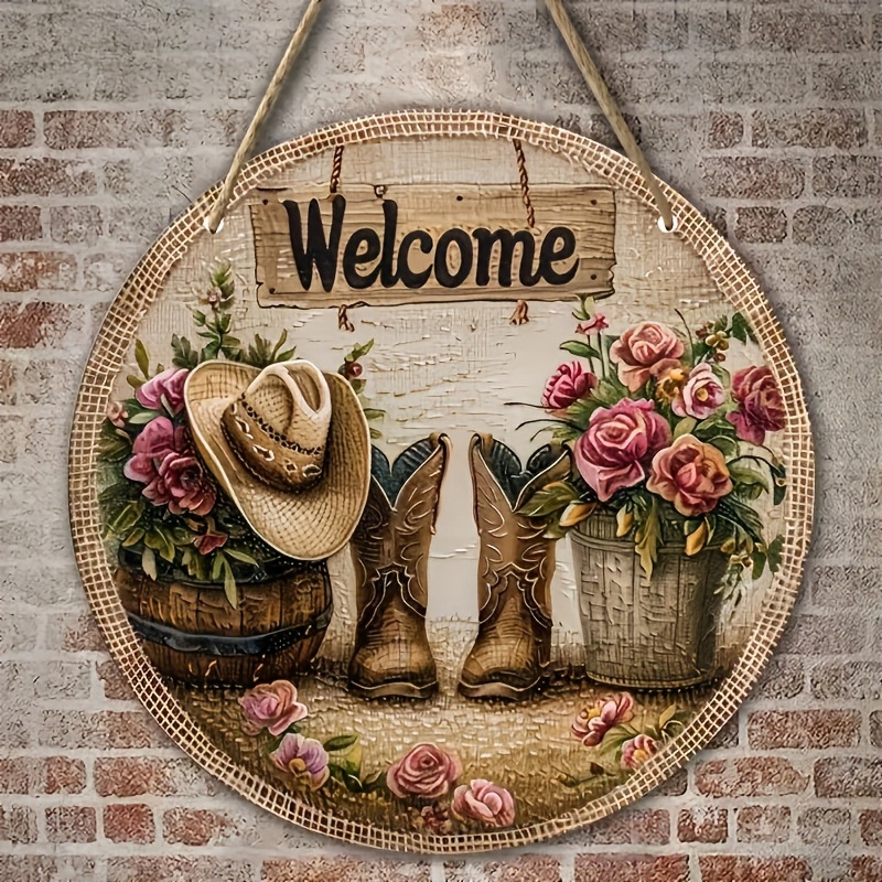 Κύκλικη ακρυλική πινακίδα καλωσορίσματος σε αγροτικό στυλ με γιρλάντα πεταλούδων, χαρακτική και εκτύπωση