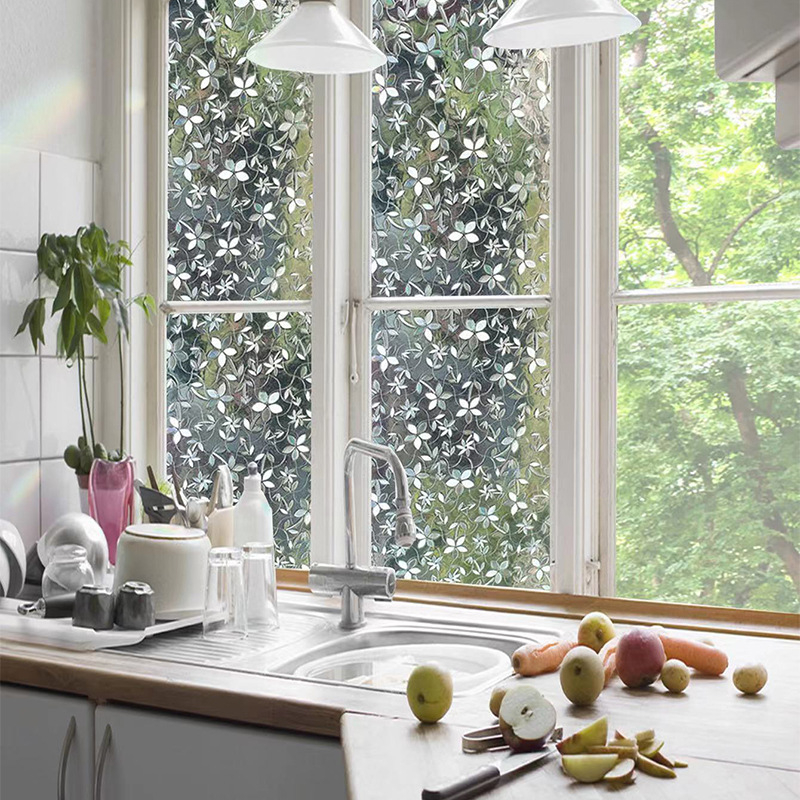 Be klijų matinė stiklo plėvelė langams privatumui — Imperial Decoration, gėlių raštas
