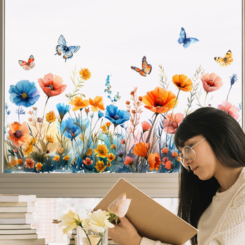 3D αυτοκόλλητο γυαλιού με πεταλούδα και λουλούδια – ηλεκτροστατικό PVC, 1 τεμάχιο, μοντέρνο μινιμαλιστικό στυλ, σχέδιο: Άλλο