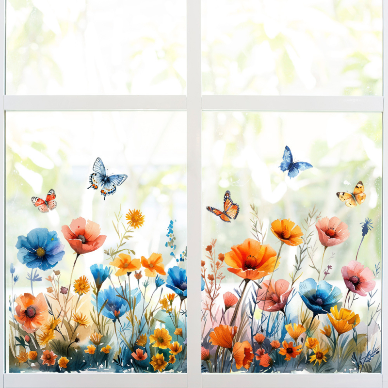 3D αυτοκόλλητο γυαλιού με πεταλούδα και λουλούδια – ηλεκτροστατικό PVC, 1 τεμάχιο, μοντέρνο μινιμαλιστικό στυλ, σχέδιο: Άλλο