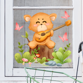 Αυτοκόλλητο παραθύρου για παιδικό δωμάτιο — χαριτωμένο αρκουδάκι που παίζει κιθάρα με πεταλούδα, PVC υλικό, ηλεκτροστατική πρόσφυση σε γυαλί