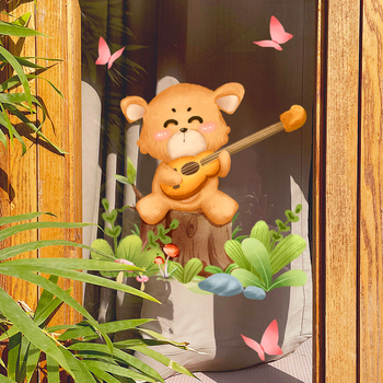 Αυτοκόλλητο παραθύρου για παιδικό δωμάτιο — χαριτωμένο αρκουδάκι που παίζει κιθάρα με πεταλούδα, PVC υλικό, ηλεκτροστατική πρόσφυση σε γυαλί