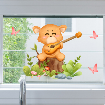 Αυτοκόλλητο παραθύρου για παιδικό δωμάτιο — χαριτωμένο αρκουδάκι που παίζει κιθάρα με πεταλούδα, PVC υλικό, ηλεκτροστατική πρόσφυση σε γυαλί