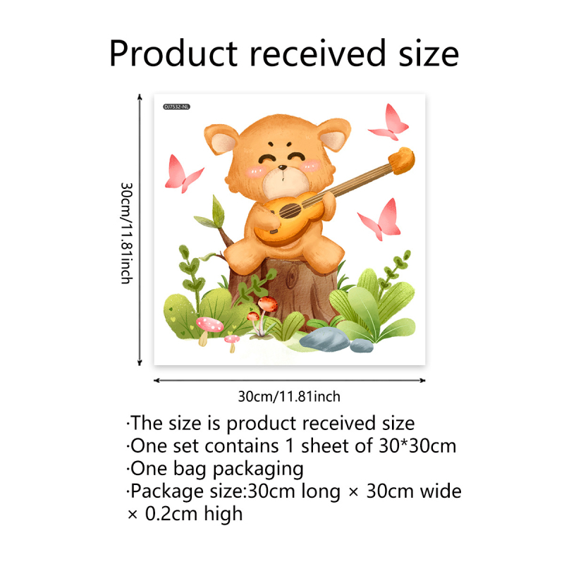 Αυτοκόλλητο παραθύρου για παιδικό δωμάτιο — χαριτωμένο αρκουδάκι που παίζει κιθάρα με πεταλούδα, PVC υλικό, ηλεκτροστατική πρόσφυση σε γυαλί