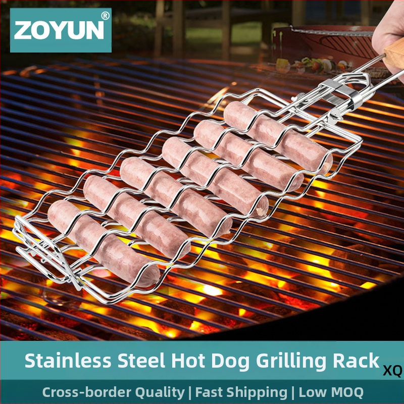 Nerez mreža za kobasice s drvenom drškom, kvadratnog oblika, prijenosna sklopiva oprema za roštilj