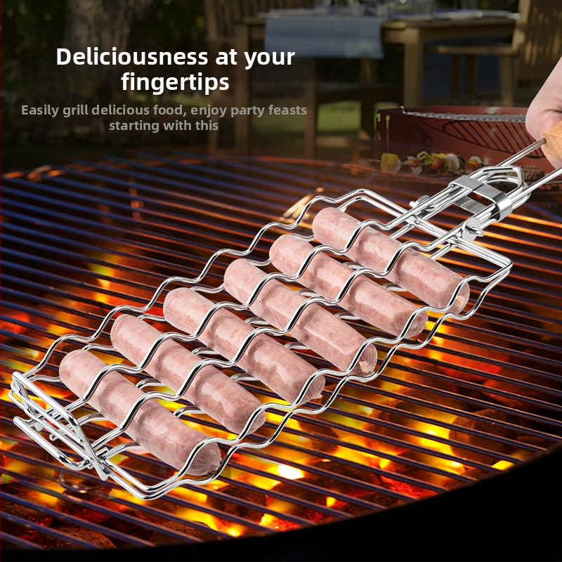 Стоманена мрежа за наденици за барбекю с дървена дръжка, квадратна форма, преносима сгъваема щипка за барбекю