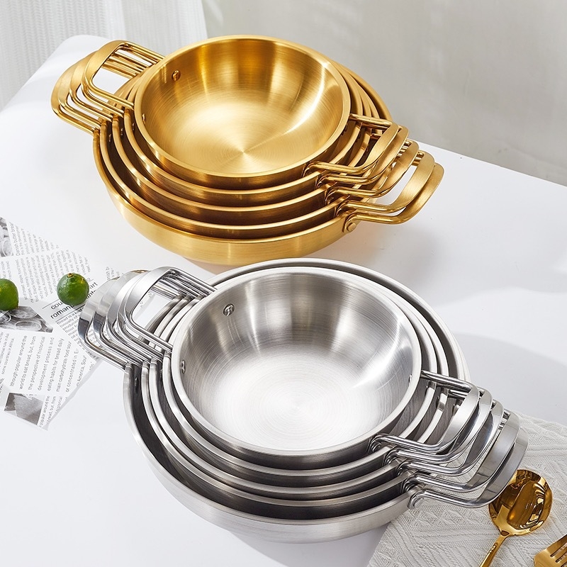 Korėjietiško stiliaus nerūdijančio plieno sriubos puodas, nešiojamas su dvigubomis rankenomis, talpa 3.1-4 L