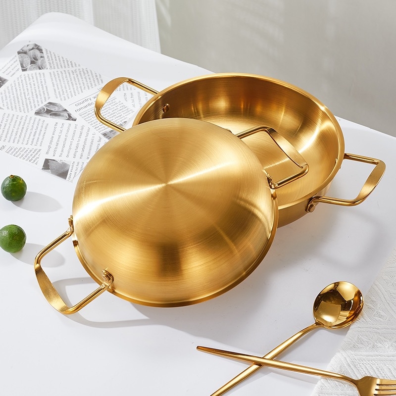 Korėjietiško stiliaus nerūdijančio plieno sriubos puodas, nešiojamas su dvigubomis rankenomis, talpa 3.1-4 L