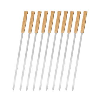 Επίπεκα καλαμάκια ψησίματος από ατσάλι με λαβές από δρυ, επαναχρησιμοποιούμενα, για ψήσιμο αρνιού, με φορητή τσάντα μεταφοράς.