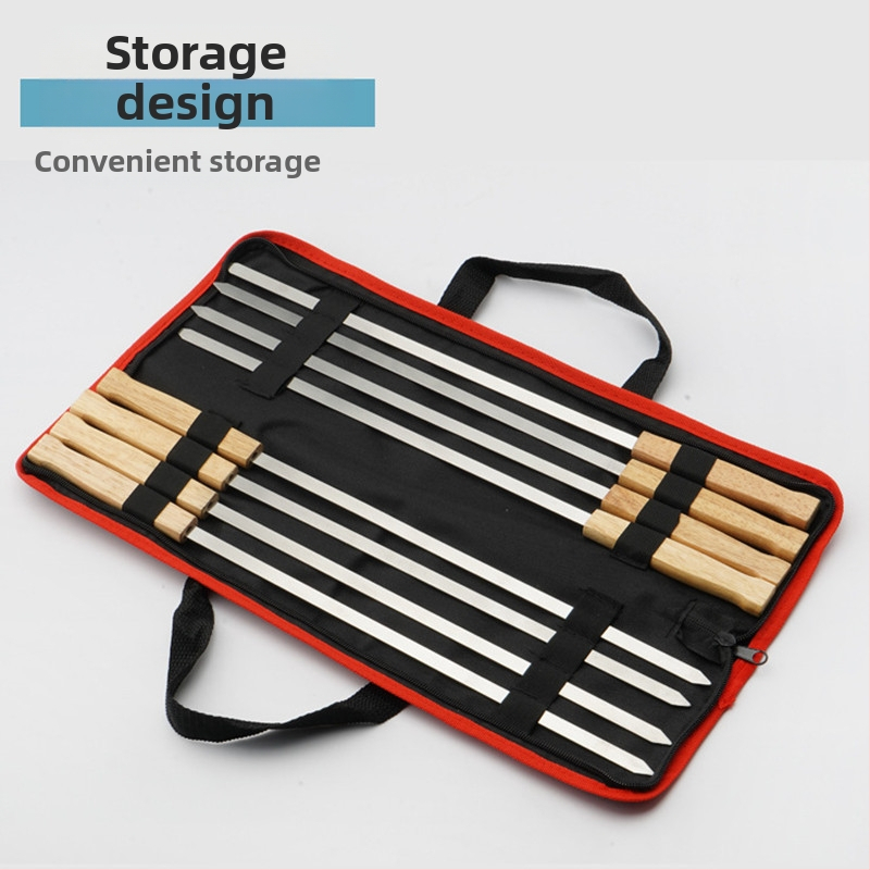 Επίπεκα καλαμάκια ψησίματος από ατσάλι με λαβές από δρυ, επαναχρησιμοποιούμενα, για ψήσιμο αρνιού, με φορητή τσάντα μεταφοράς.