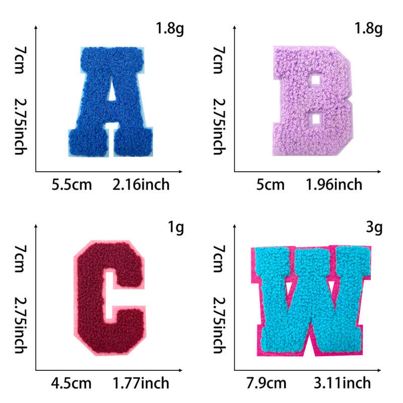 Siuvinės 26 angliškų raidžių pleistrai ant chenille rankšluosčio audinio dekoravimui drabužiams, krepšiams, skrybėlėms ir batams