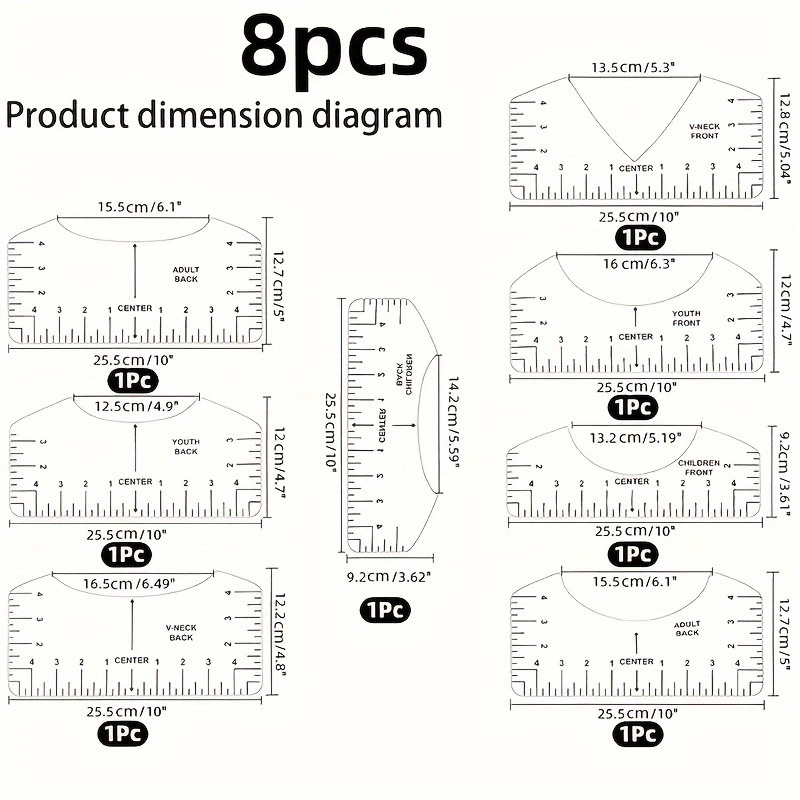 Инструмент за подравняване на тениски с V-образно деколте, осем в едно, PVC екологичен материал; съвместим с множество комплекти; лицензиран частен етикет; неутрален бранд с персонализируемо лого; опаковка Opp торба