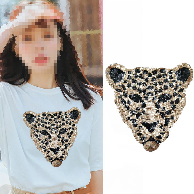 Auduma uzlīmes T-krekliem: spīdīgas paillettes — tīģera galva un leopardgalva patch