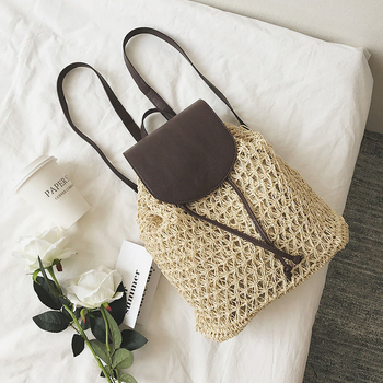 Σακίδιο από πλεκτή ψάθα, Mori στυλ, χαλαρή τσάντα παραλίας για διακοπές, αναπνεύσιμη επένδυση πολυεστέρα, χωρητικότητα κάτω από 20 L, χωράει 10 ιντσών φορητό υπολογιστή