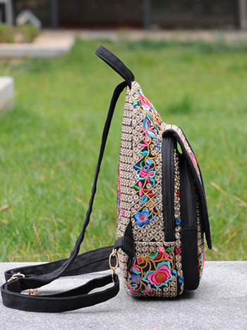 Γυναικεία τσάντα πλάτης από καμβά με ρετρό κέντημα και εθνικό μοτίφο Γιουνάν, πολυχρηστική ταξιδιωτική τσάντα (20-35L, πολύ ελαφριά)