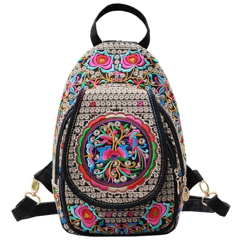 Női vászon hátizsák retro hímzéssel és Yunnan etnikus mintával, többfunkciós utazótáska (20-35L, ultrakönnyű)
