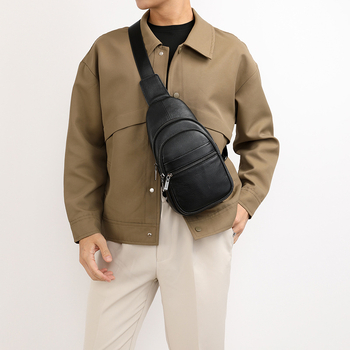 Мъжка кожена чанта за гърдите, естествена кожа, първи слой телешка кожа, дишаща подплата от полиестер, градска простота