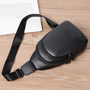 Мъжка чанта за гърди от естествена кожа, топ слой телешка кожа, анти-крадба, стил street-style, полиестерна подплата