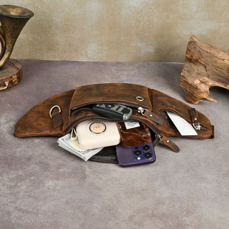 Мъжка чанта за гърдите от естествена телешка кожа, издръжлива на износване, антикрадба, антиразрязване, готова за съхранение