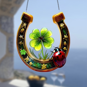 Ακρυλικό κρεμαστό διακοσμητικό για βεράντα/παράθυρο – σε σχήμα αλόγου με τετράφυλλη clover και ladybug, φυτικό μοτίβο, εκτύπωση φινίρισμα, Mori στυλ