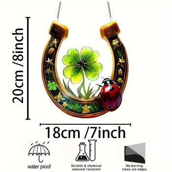 Ακρυλικό κρεμαστό διακοσμητικό για βεράντα/παράθυρο – σε σχήμα αλόγου με τετράφυλλη clover και ladybug, φυτικό μοτίβο, εκτύπωση φινίρισμα, Mori στυλ