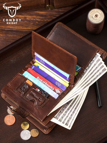 Мъжки вертикален портфейл от естествена кожа, анти-крадба, първокласна телешка кожа, множество отделения за карти, антимагнитна подплата