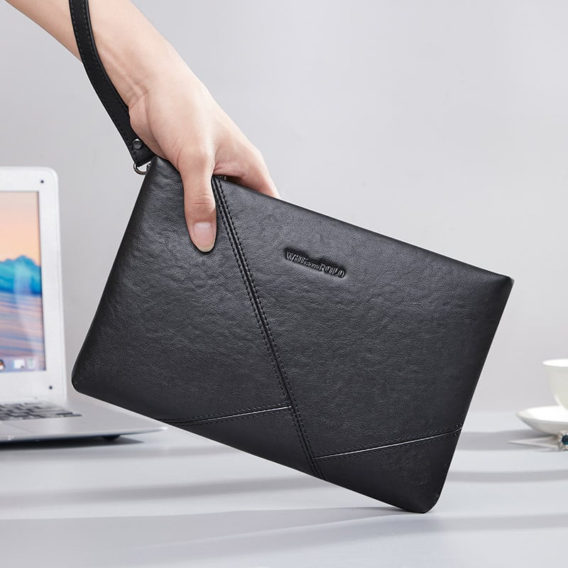 Vyriška clutch rankinė — tikra oda, viršutinio sluoksnio karvių oda, verslo kelionė, užtrauktukas, horizontalaus kvadrato formos