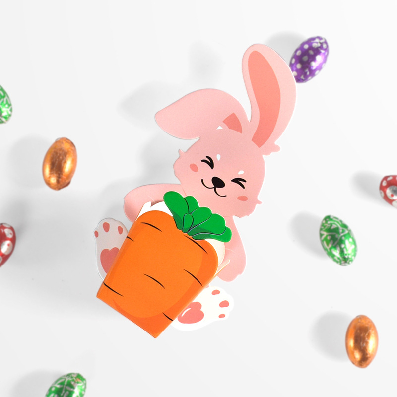 Saldiems pakavimams skirtos kortelės su kiškiu, laikančiu morką, korejos stiliaus, 10 lapų pakuotėje | Medžiaga: baltas 300 g kartonas | Specifikacijos: 10 kiškių + 10 morkų