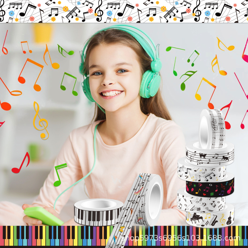 Washi juosta su muzikos natais – gitara ir pianino dizainas, popieriaus pagrindas, prekė Yidian, pritaikoma