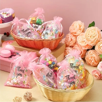 Подаръчни торбички от плат, прозрачен флорален дизайн, комплект от 20 броя, с връзка