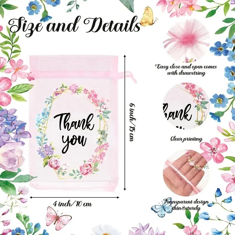 Подаръчни торбички от плат, прозрачен флорален дизайн, комплект от 20 броя, с връзка
