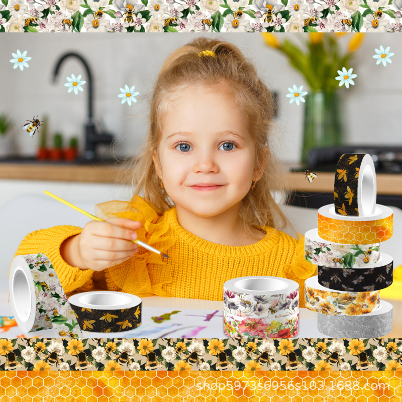 Ταινία washi με μοτίβο άνοιξης με μέλισσες και λουλούδια — διαφανής, αυτοκόλλητη, βάση από χαρτί, μάρκα Yidian