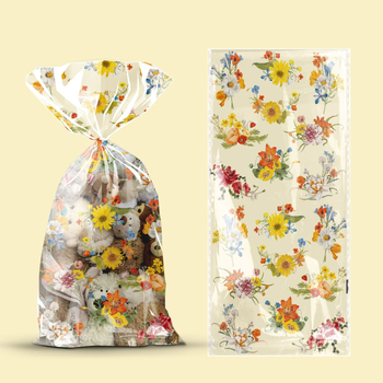 Plastikinė dovanų maišelė vestuvėms ir gimtadienio šventėms, su mažais gėlių motyvais, be logotipo