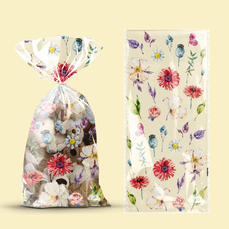 Plastikinė dovanų maišelė vestuvėms ir gimtadienio šventėms, su mažais gėlių motyvais, be logotipo