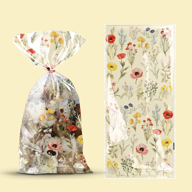 Plastikinė dovanų maišelė vestuvėms ir gimtadienio šventėms, su mažais gėlių motyvais, be logotipo