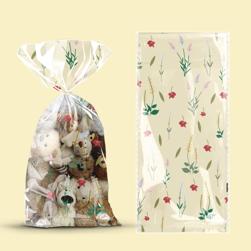 Plastikinė dovanų maišelė vestuvėms ir gimtadienio šventėms, su mažais gėlių motyvais, be logotipo
