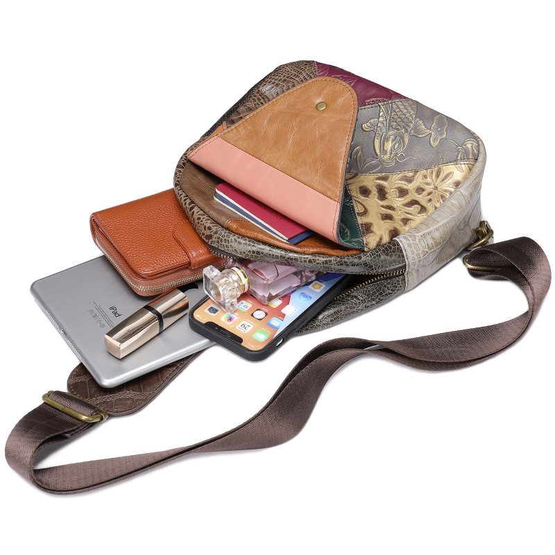 Етно стил чанта през рамо от естествена кожа, топ слой телешка кожа, ципове, вътрешен джоб с цип и джоб за телефон, облицовка от естествена кожа, ежедневна употреба